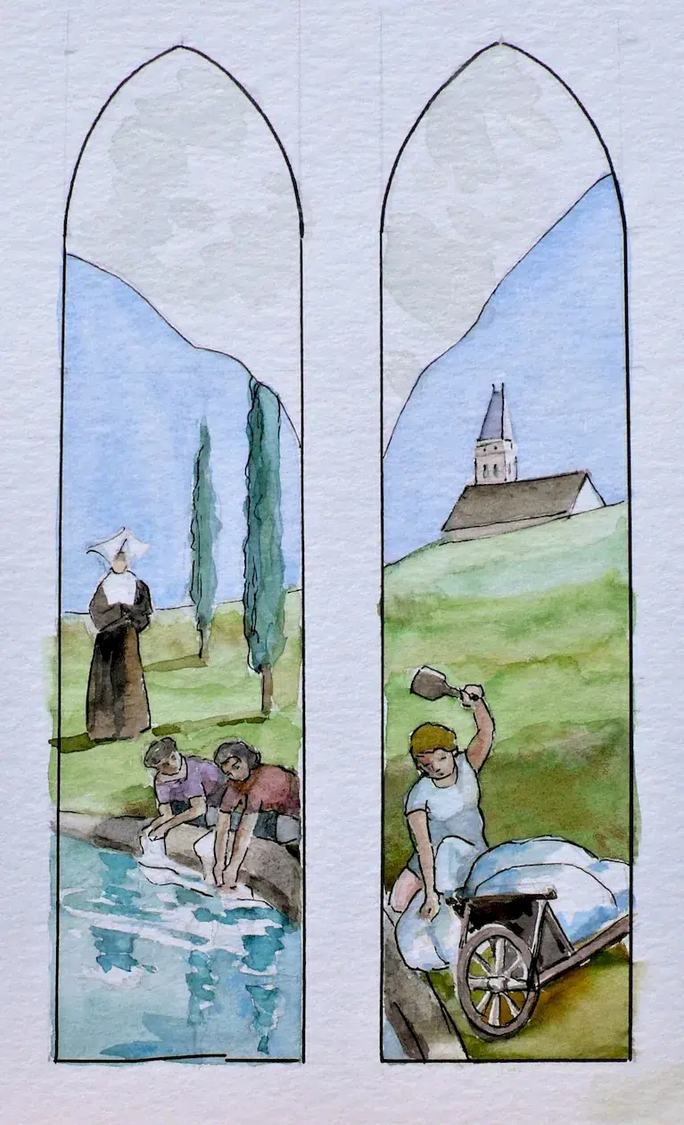maquette vitrail lavandieres oratoire felzine