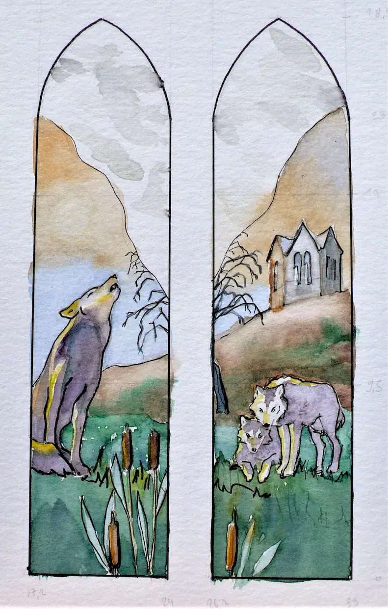 maquette vitrail loups oratoire felzine